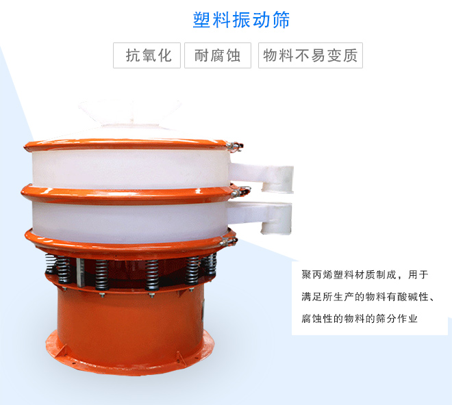 塑料振動篩是采用聚丙烯材料制成的，可以用于酸堿性，腐蝕性物料的篩分作業(yè)